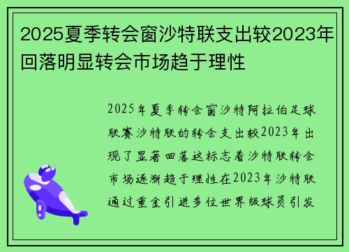2025夏季转会窗沙特联支出较2023年回落明显转会市场趋于理性 2025夏季转会窗沙特联支出较2023年回落明显转会市场趋于理性
